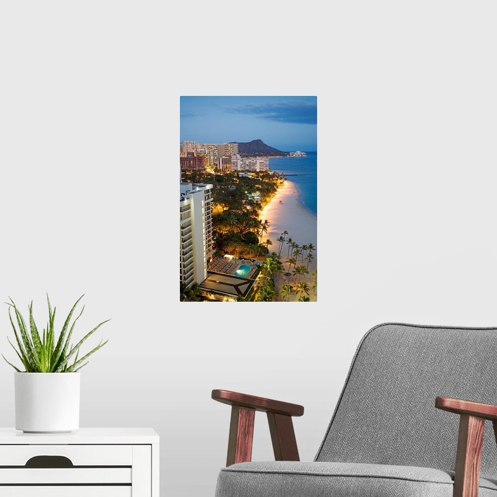 A modern room featuring Hawaii, Oahu, Waikiki Beach And Diamond Head In The Evening