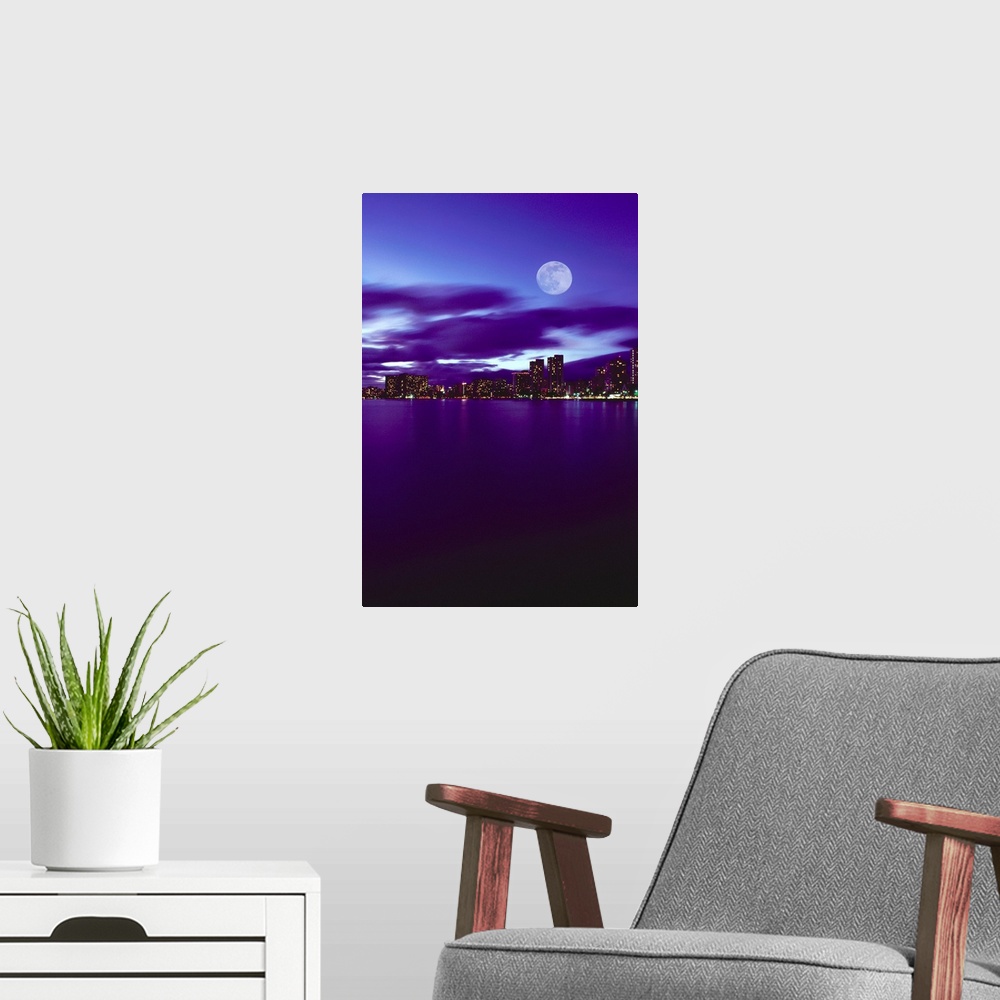 A modern room featuring Hawaii, Oahu, Waikiki City Lights With Large Full Moon, Reflections On Water