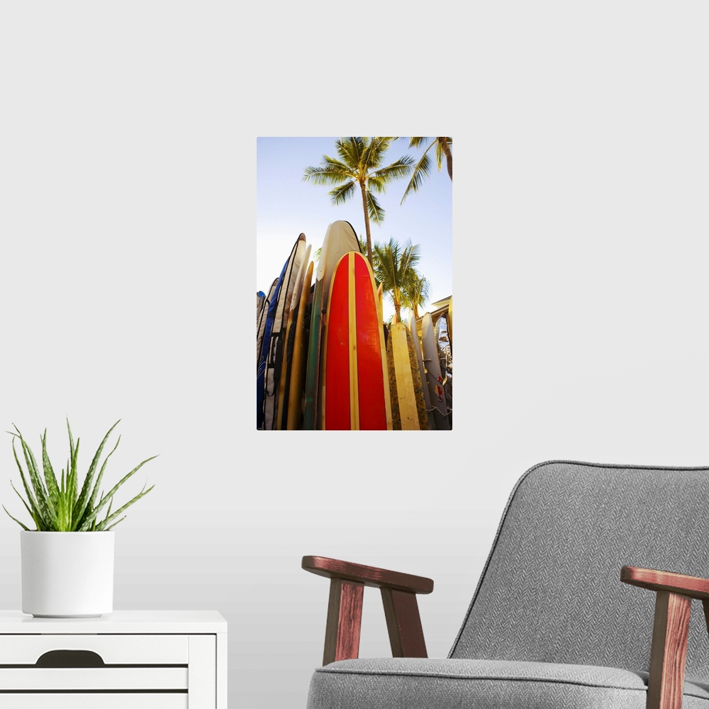 A modern room featuring Hawaii, Oahu, Waikiki,Colorful Surfboards In Surfboard Rack On Waikiki Beach