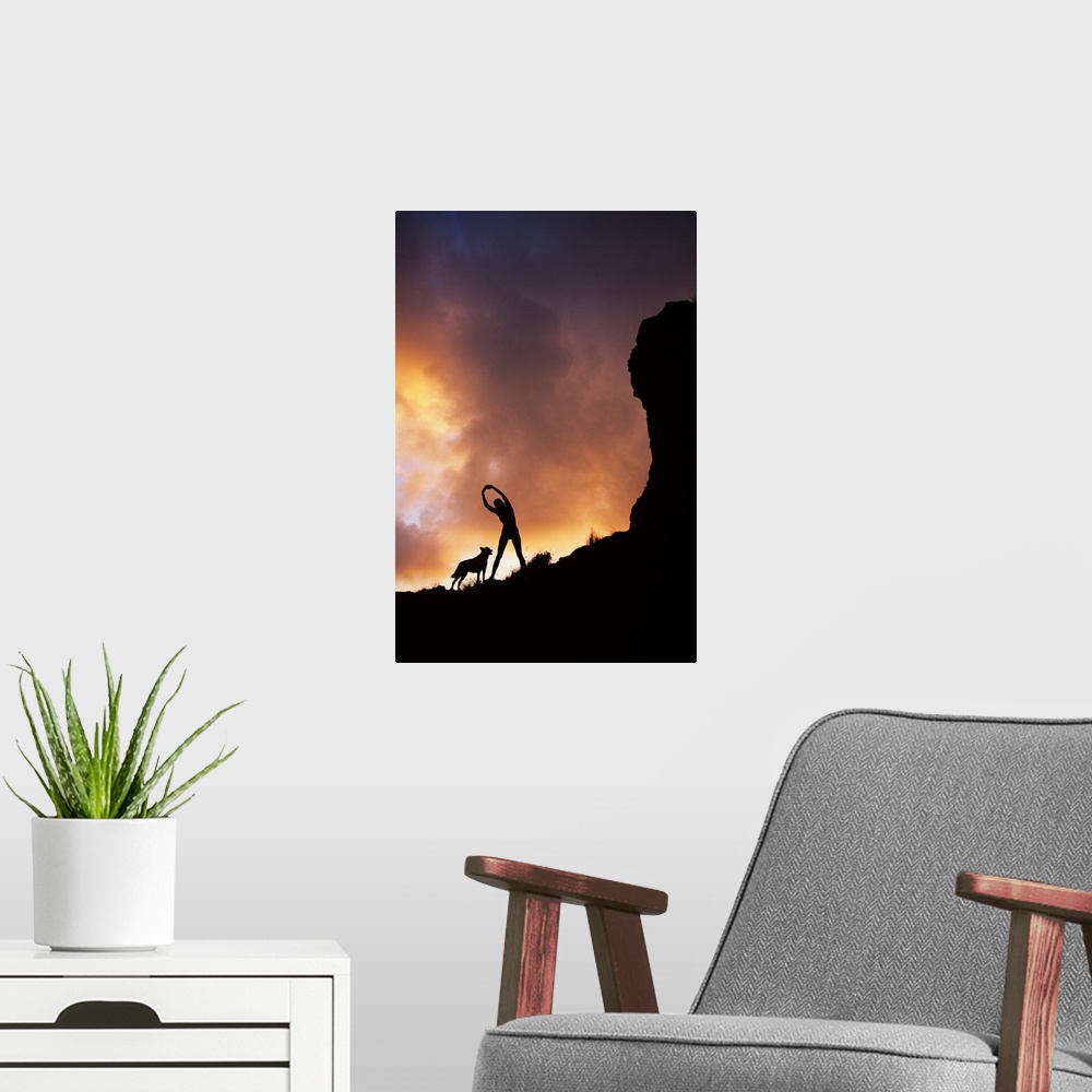 A modern room featuring Hawaii, Silhouette Of A Woman Stretching On A Mountain Top At Sunset