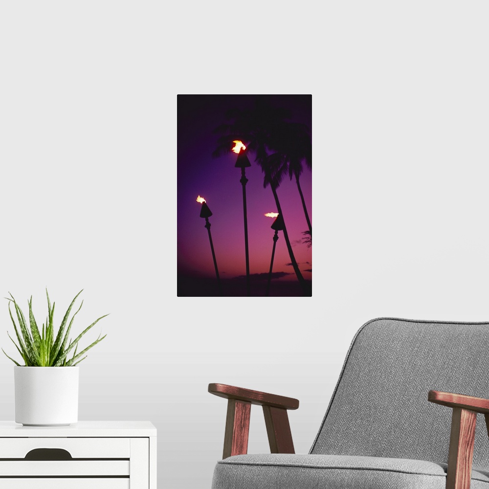 A modern room featuring Hawaii, Tiki Torches Lit At Twilight, Purple Skies, Palm Trees