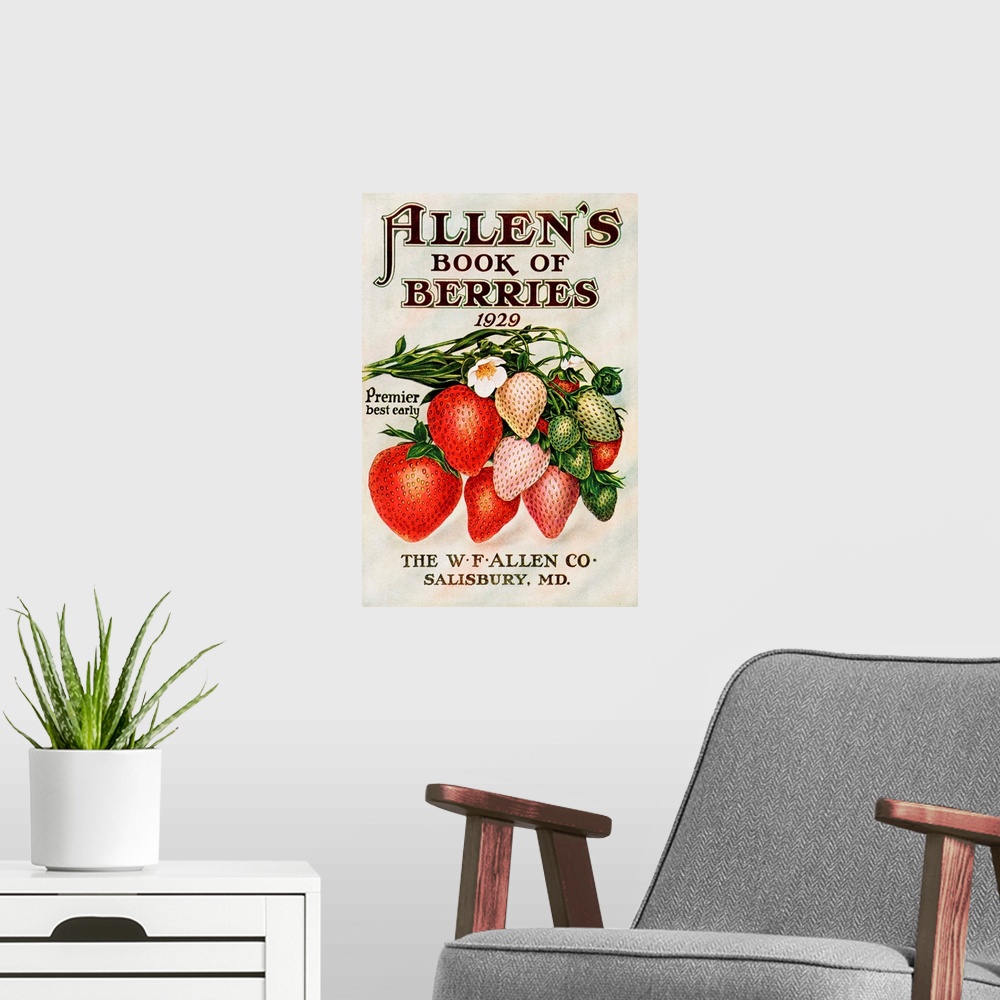 A modern room featuring Historic Allen's Book of Berries with illustration of strawberries from 20th century