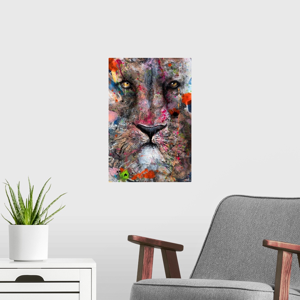 A modern room featuring Illustration of a lion's face with colourful splashes