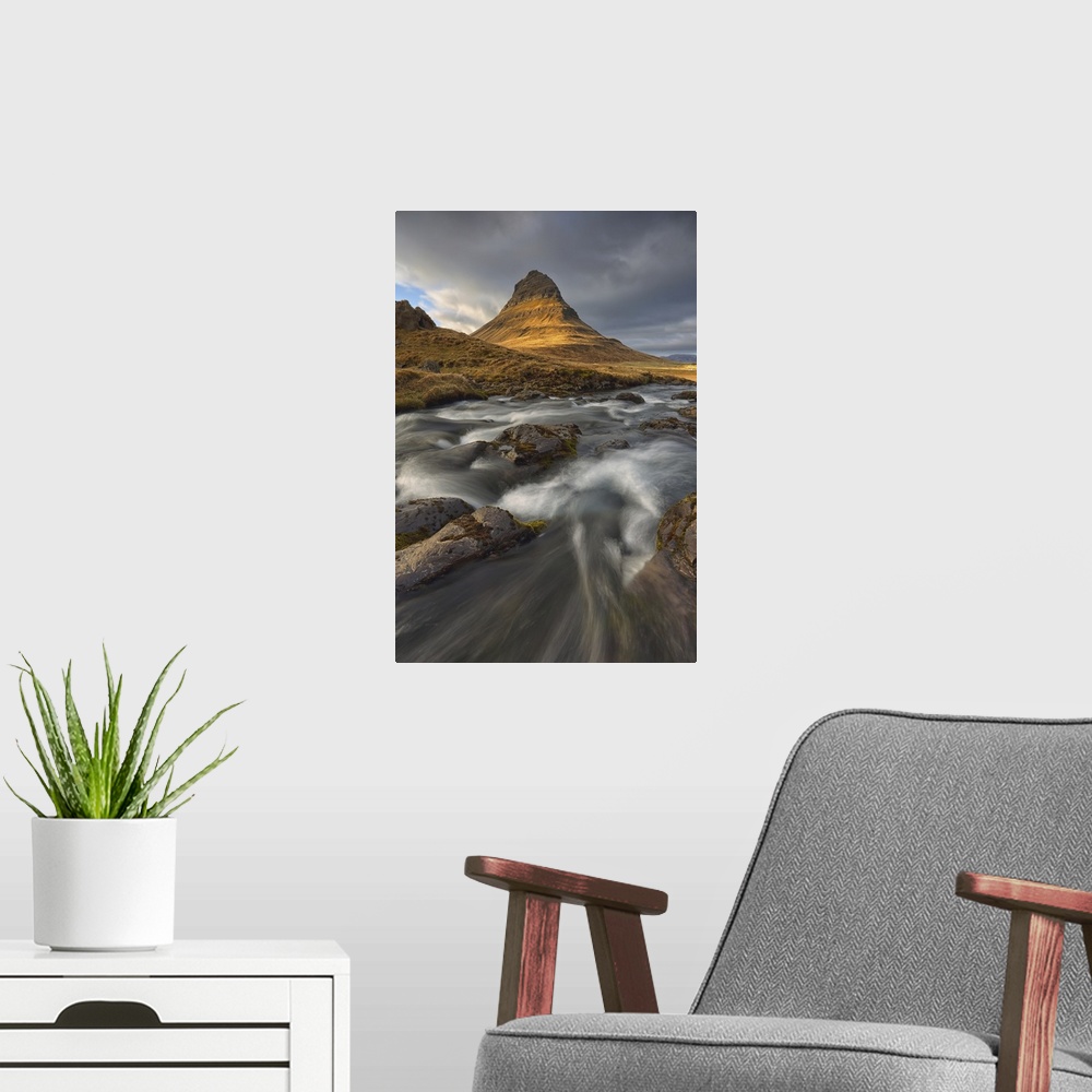A modern room featuring The mountain kirkjufell and waterfall kirkjufellsfoss on the snaefellsnes peninsula; grundarfjoro...