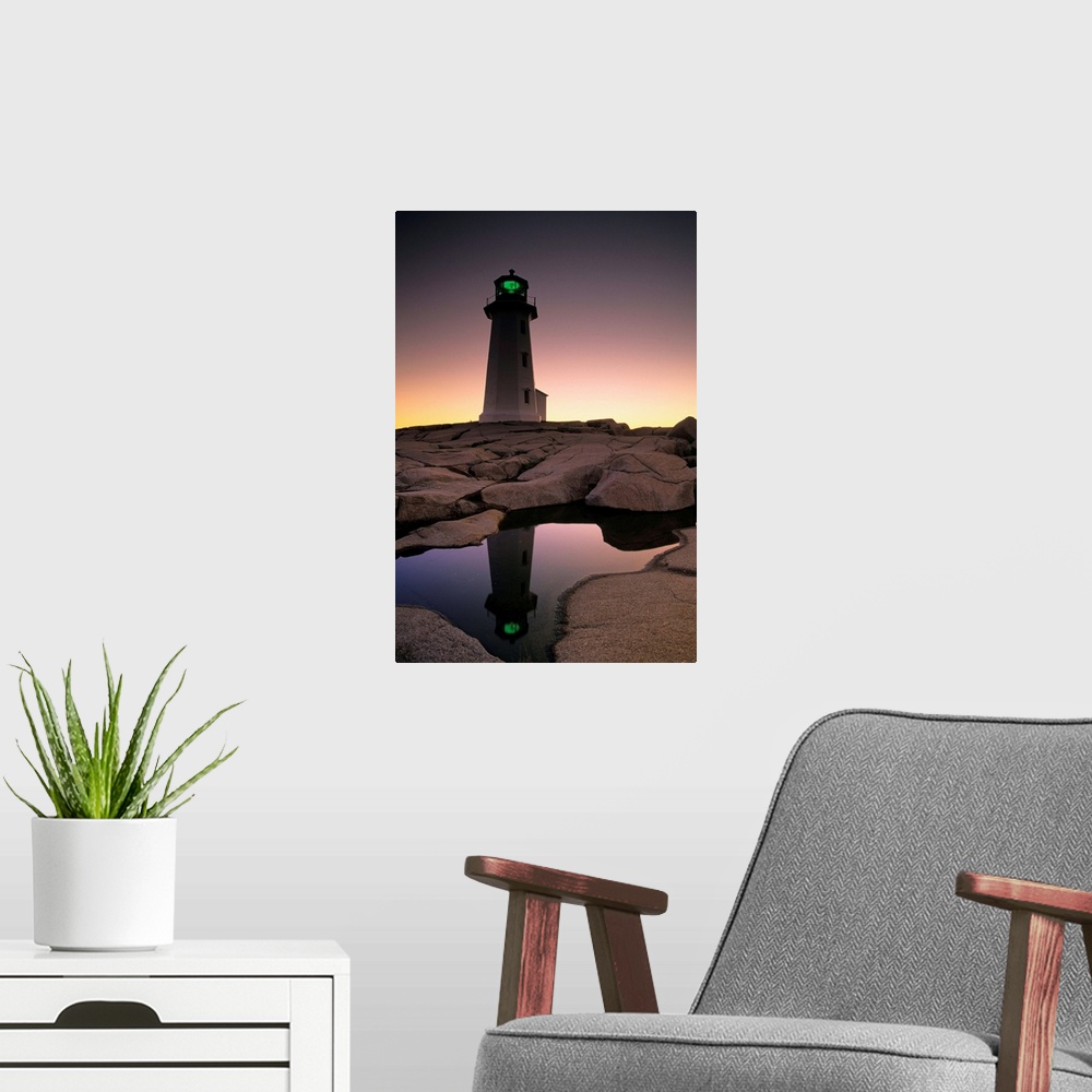 A modern room featuring Lighthouse At Dawn, Peggys Cove, Halifax County Nova Scotia, Canada