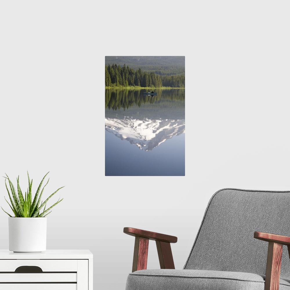 A modern room featuring Man On Boat, Mt. Hood Reflects In Trillium Lake, Mt Hood National Forest, Oregon