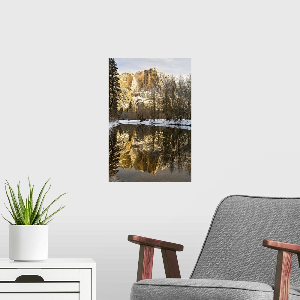 A modern room featuring Mountains Reflecting In Merced River In Winter, Yosemite National Park, California