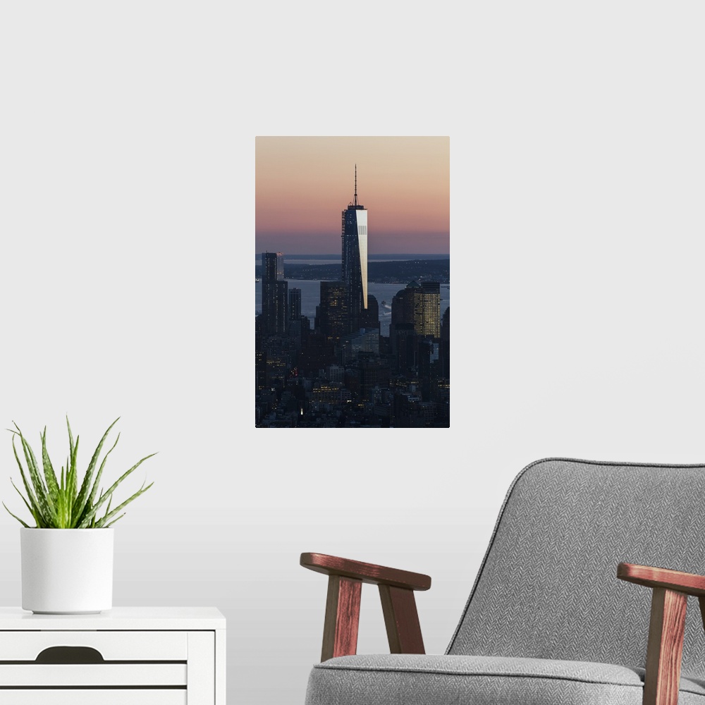 A modern room featuring One World Trade Center, New York City, New York