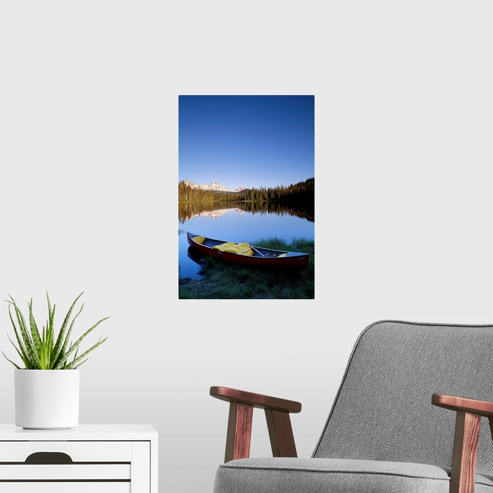 A modern room featuring Oregon, Cascade Mountains, Canoe At Scott Lake, Three Sisters Mountain