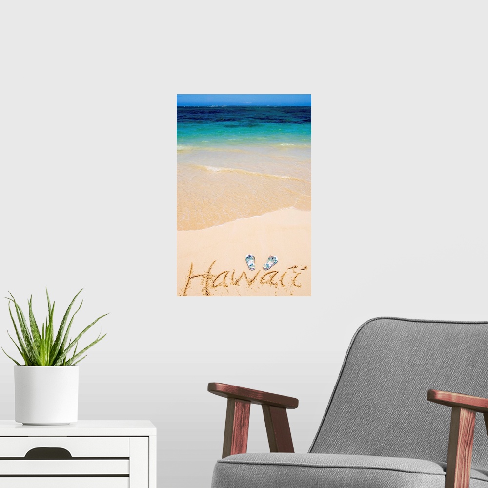 A modern room featuring Pair Of Flipflops And Hawaii Written In The Sand, Gorgeous Blue Ocean
