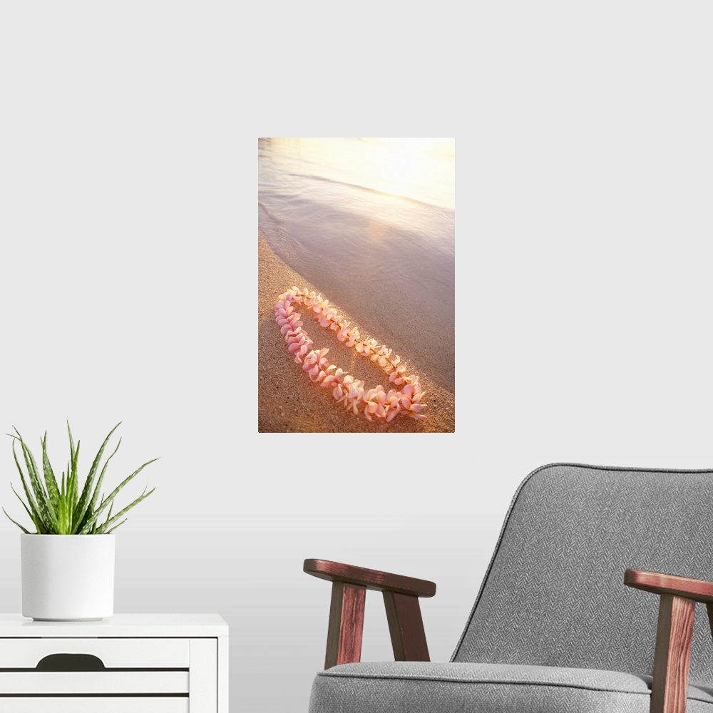 A modern room featuring Pale Pink Plumeria Lei Along Shoreline Of Calm Water