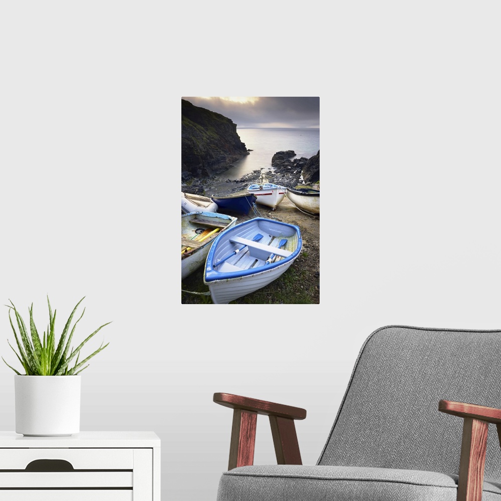 A modern room featuring Small Boats on Beach, Church Cove, Lizard Peninsula, Cornwall, England
