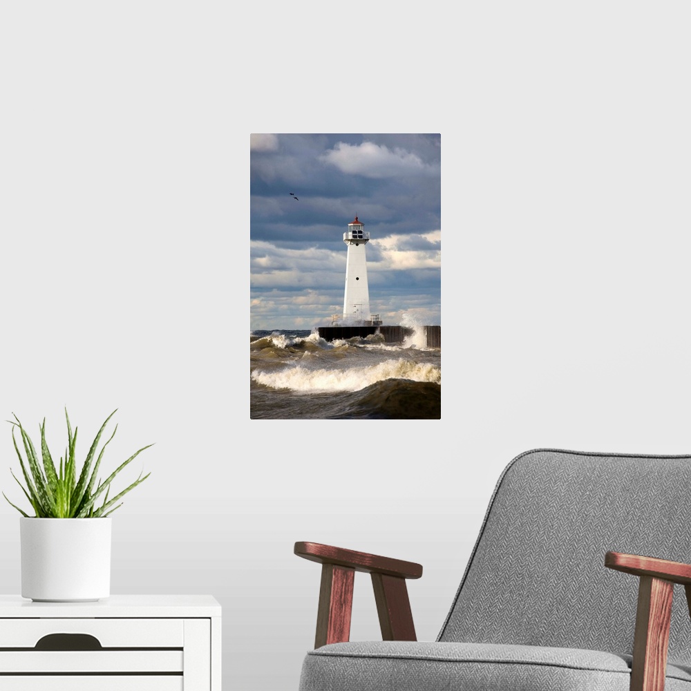 A modern room featuring Sodus Outer Lighthouse On Stormy Lake Ontario; Sodus Point, New York