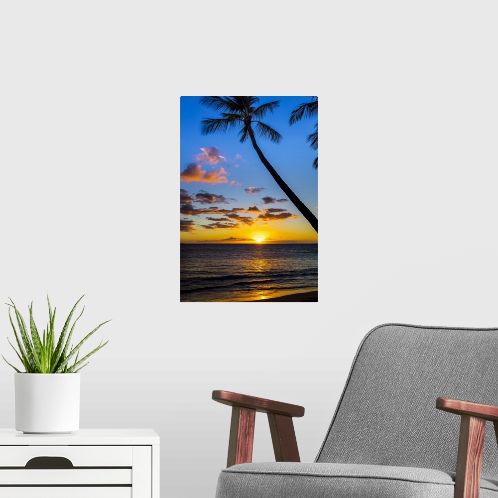 A modern room featuring The sun setting through silhouetted palm trees; Wailea, Maui, Hawaii, United States of America