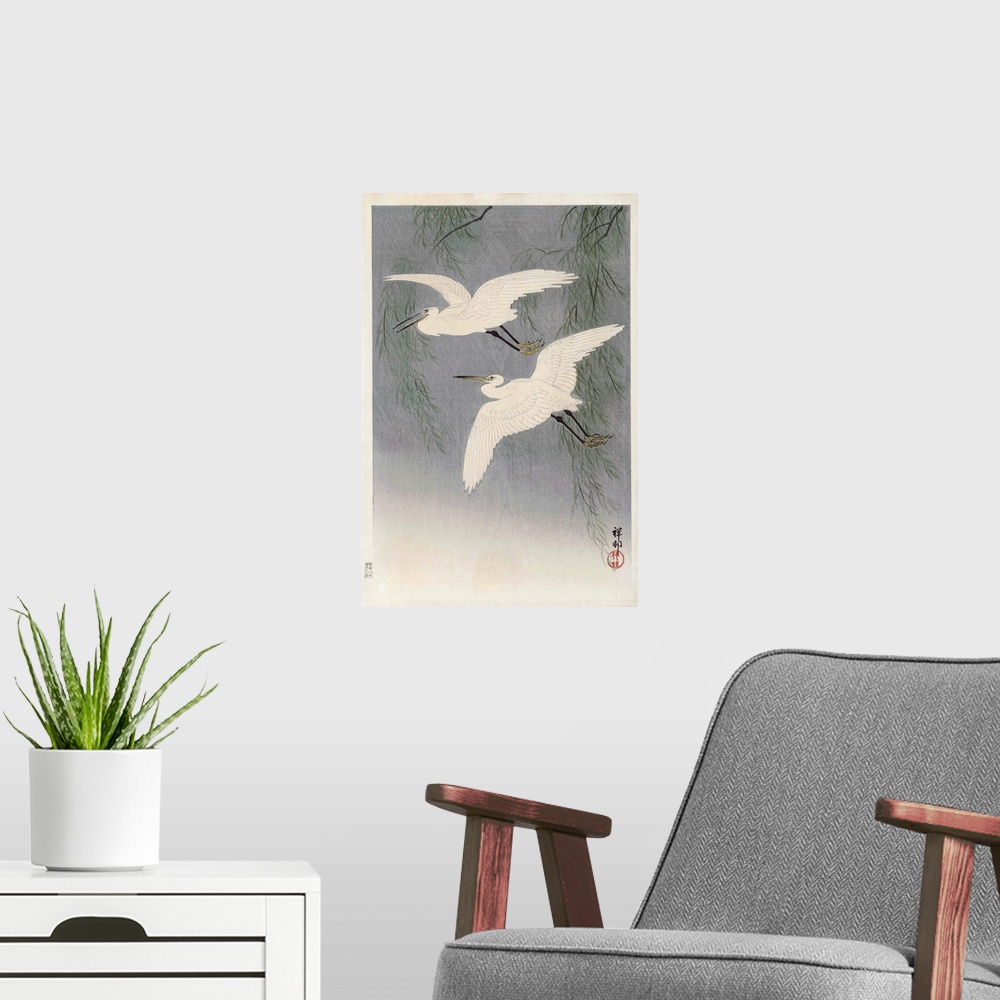 A modern room featuring Two Little Egrets in Flight, by Japanese artist Ohara Koson, 1877 - 1945.  Ohara Koson was part o...