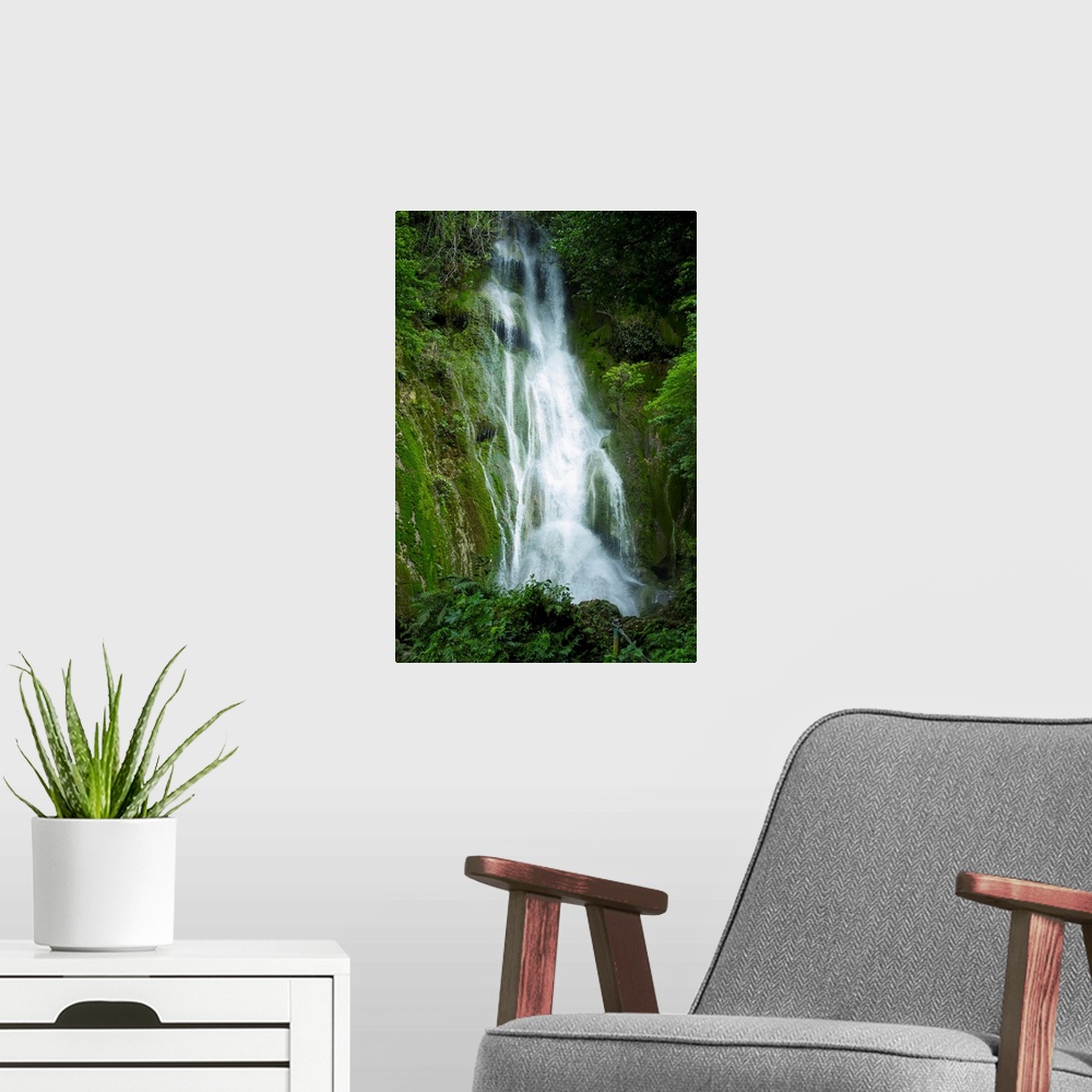 A modern room featuring Waterfall over moss covered cliff. Tanna Island, Vanuatu.