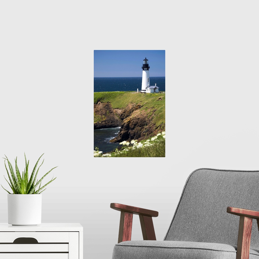 A modern room featuring White Lighthouse On The Ocean With Wildflowers; Newport, Oregon, USA