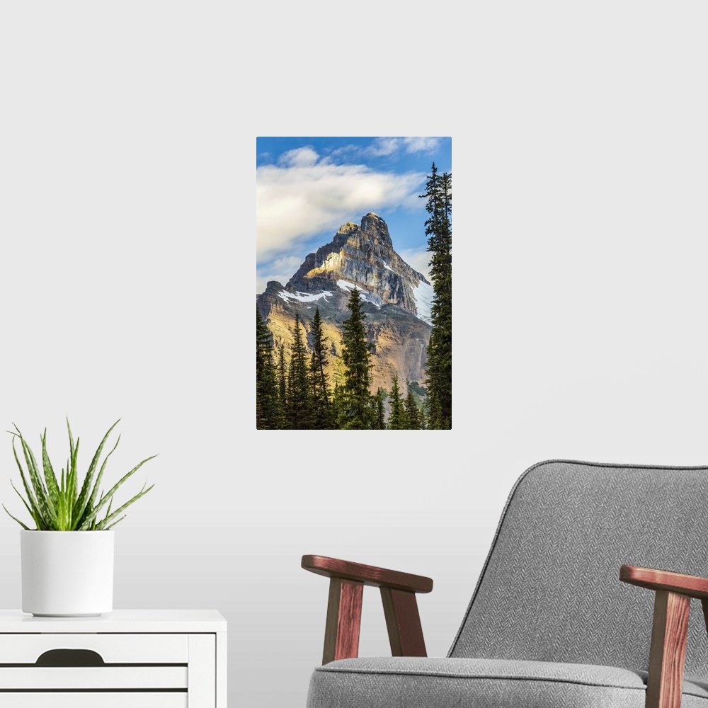 A modern room featuring Mountain cliff peak dramatically lit by the sun with blue sky and clouds, Yoho National Park; Fie...