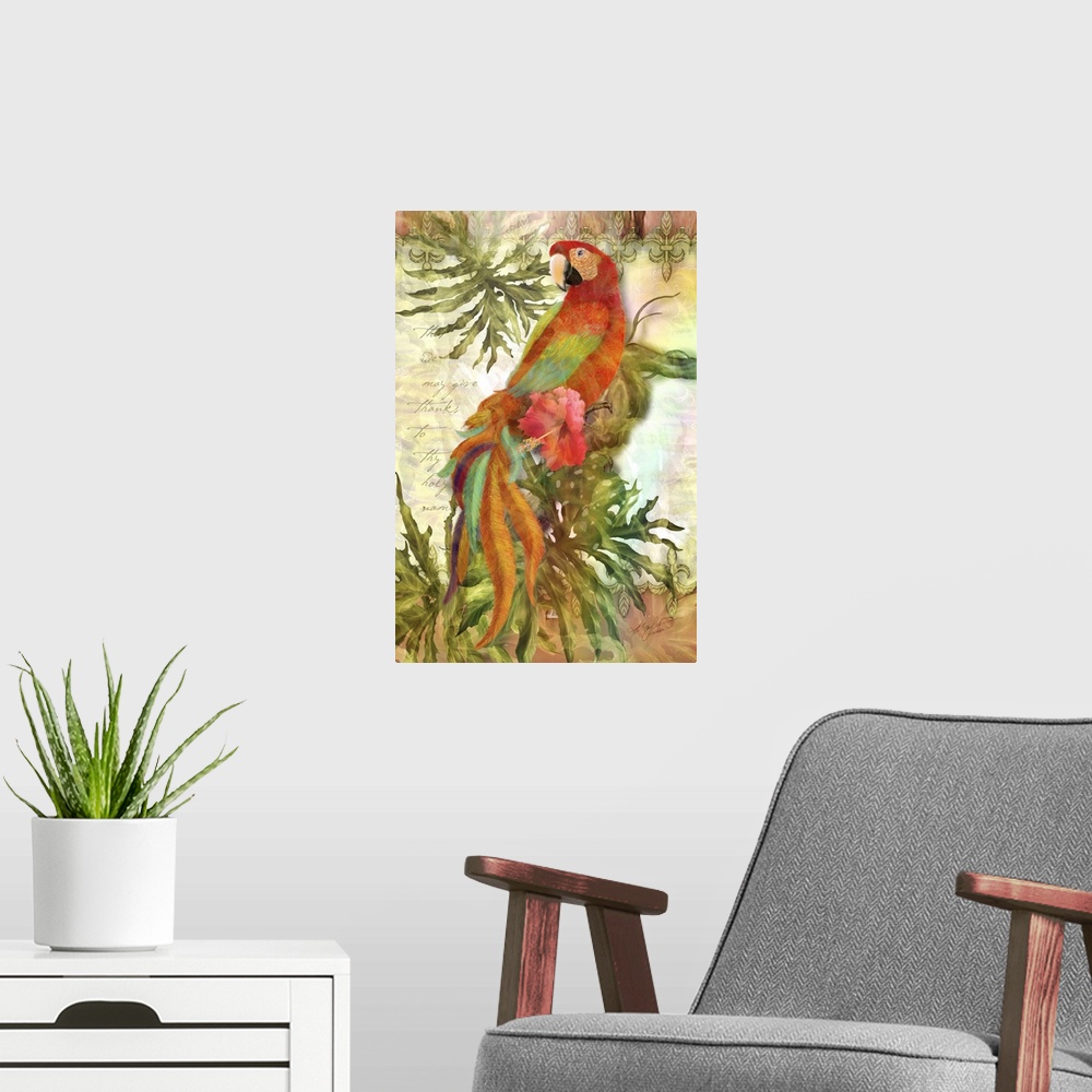 A modern room featuring Contemporary painting of a colorful parrot on a branch.