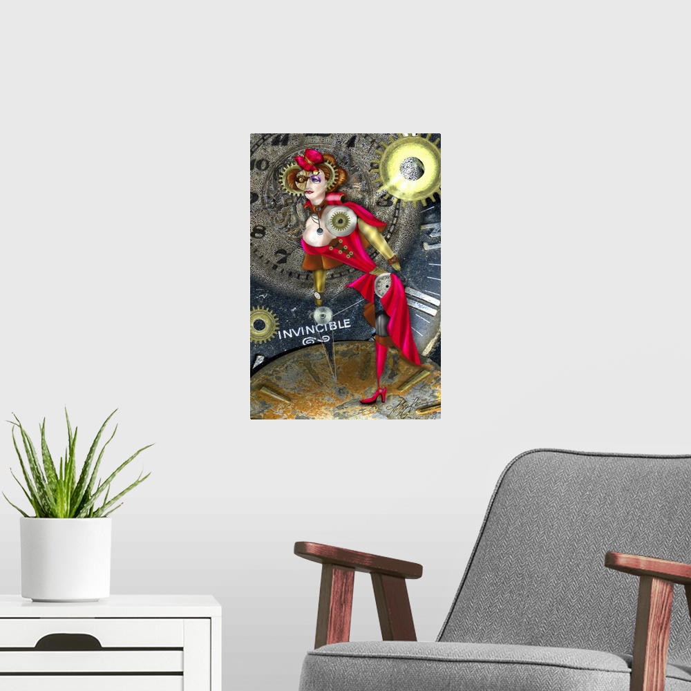 A modern room featuring An abstract painting of a woman in red in front of a clock.
