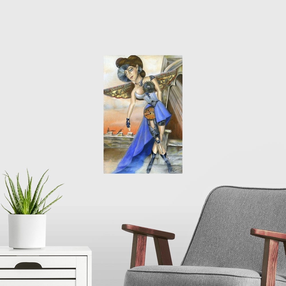 A modern room featuring An abstract painting of a woman that is part machine in blue.