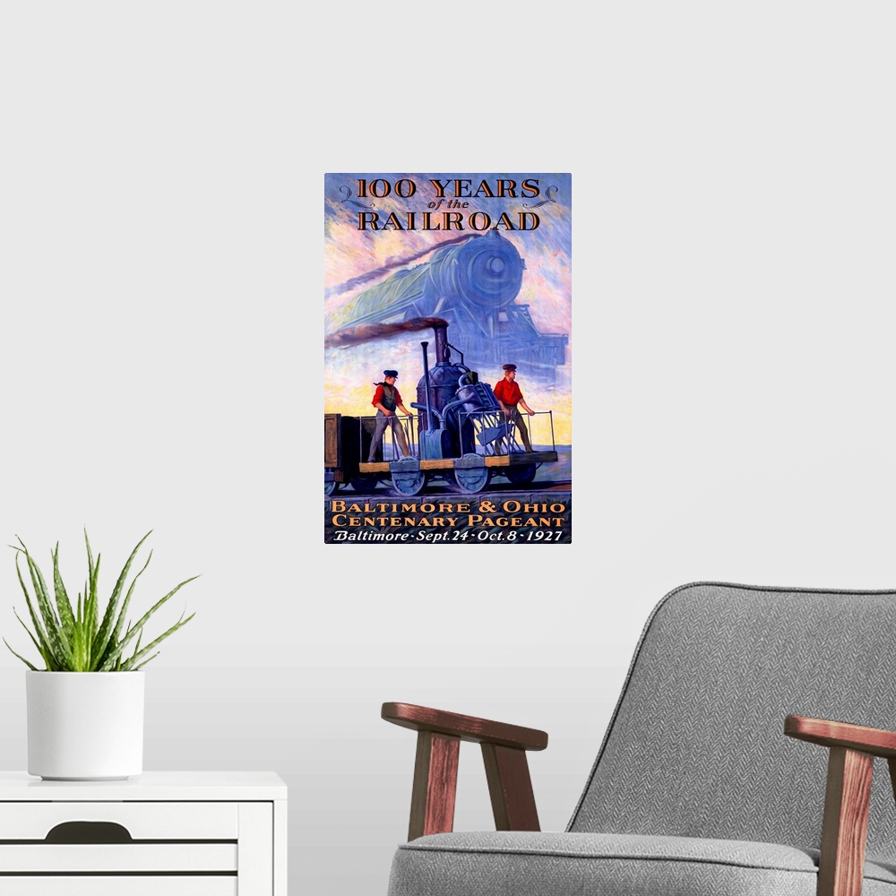 A modern room featuring Old print advertising anniversary of the locomotive industry.  There is an image of a train and a...