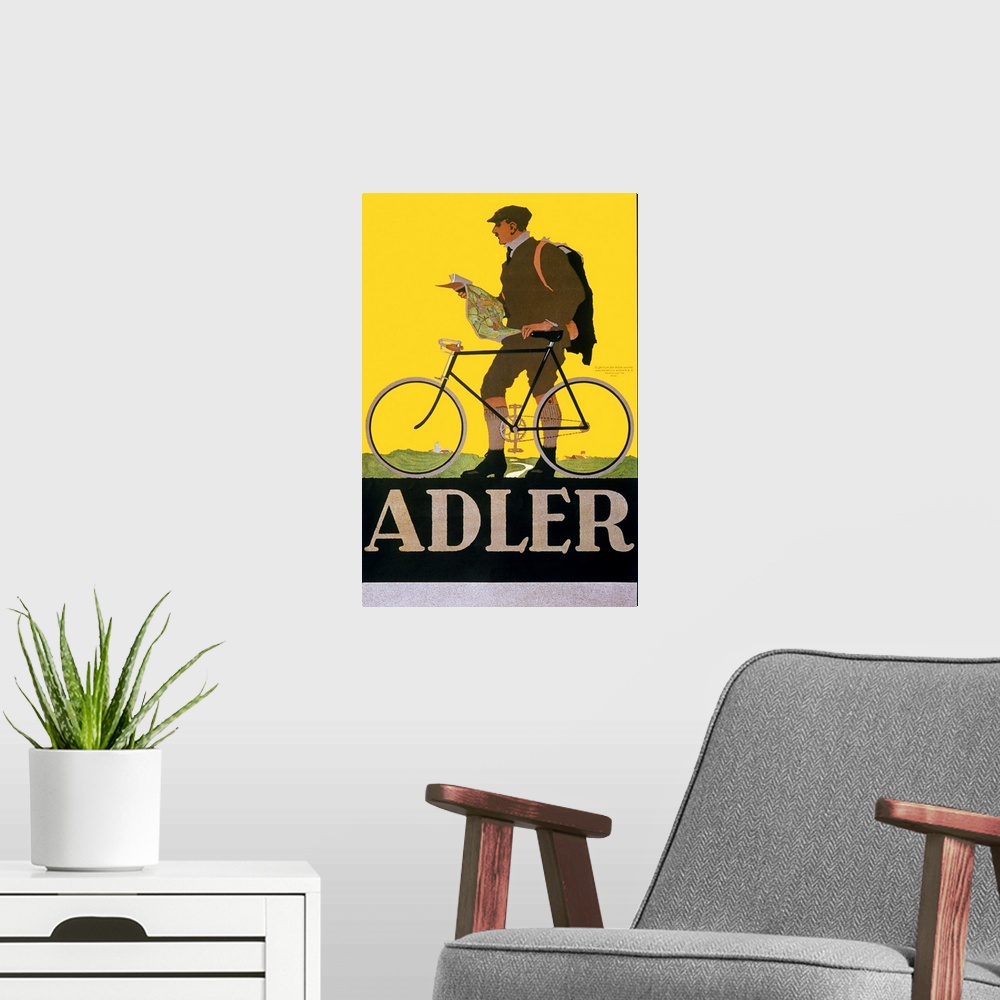 A modern room featuring Antique poster of a painting of a man walking next to a bicycle holding a map.
