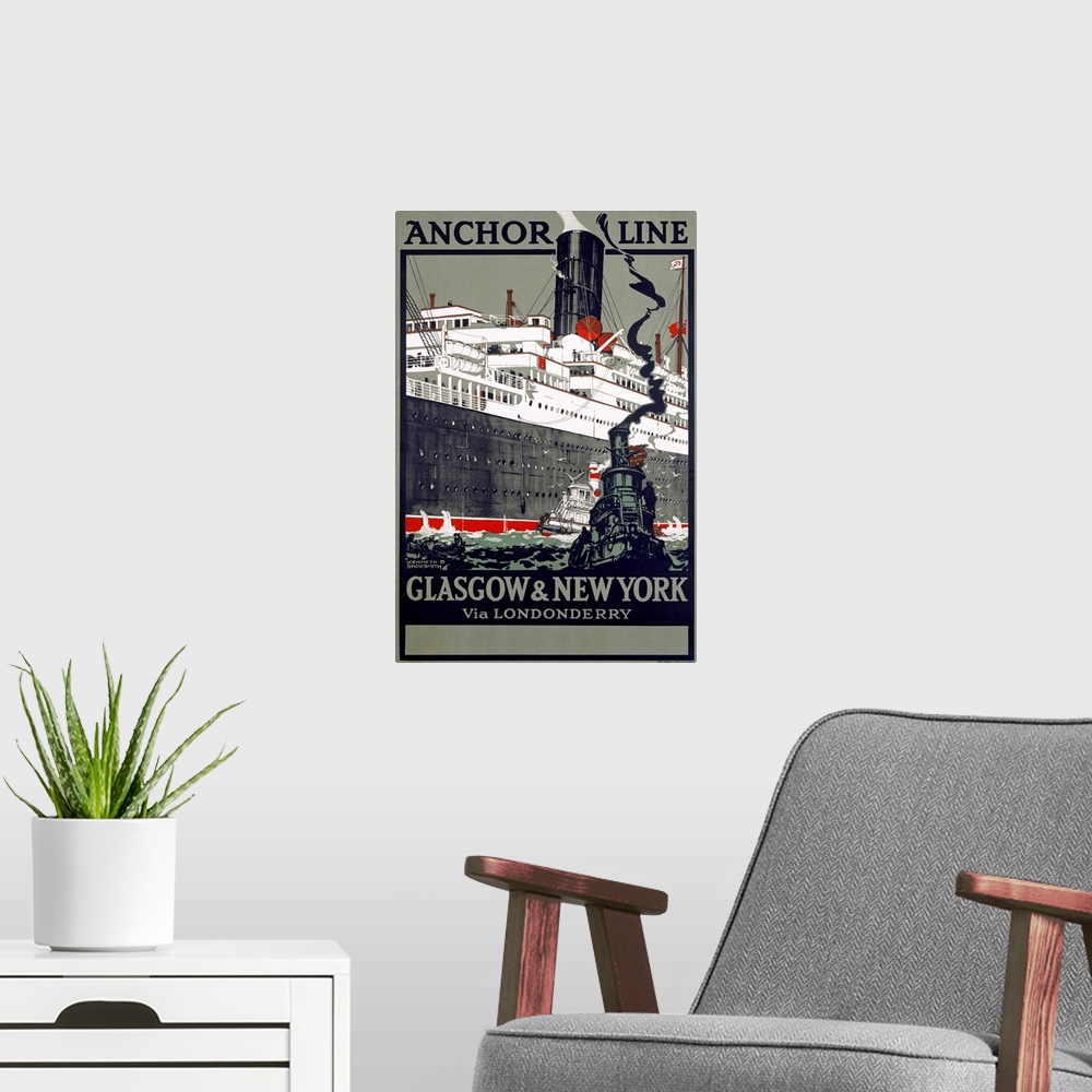 A modern room featuring Anchor Line, Glasgow to New York, Vintage Poster, by Kenneth Shoesmith