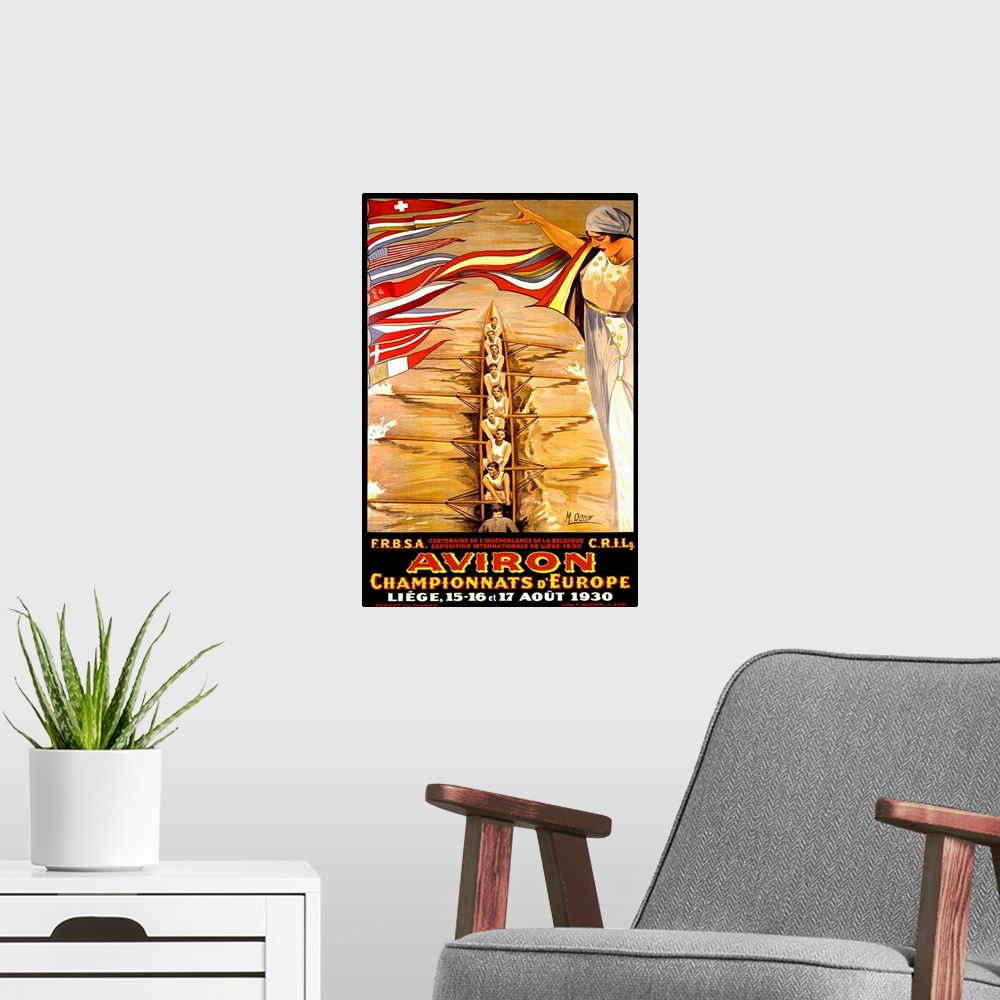 A modern room featuring Aviron, 1930, Championnats d'Europe, Vintage Poster