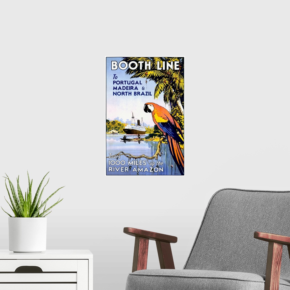A modern room featuring Old advertising poster with a parrot in a palm tree and cruise liner in the distance with the tex...
