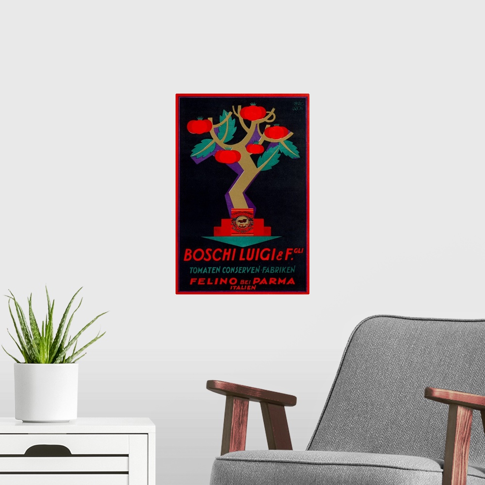 A modern room featuring A vintage poster of a tree that is growing tomatoes with a brand sauce at the base and Italian te...