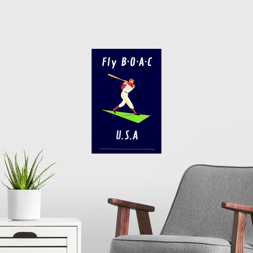 A modern room featuring British Airways, Fly B.O.A.C., Vintage Poster