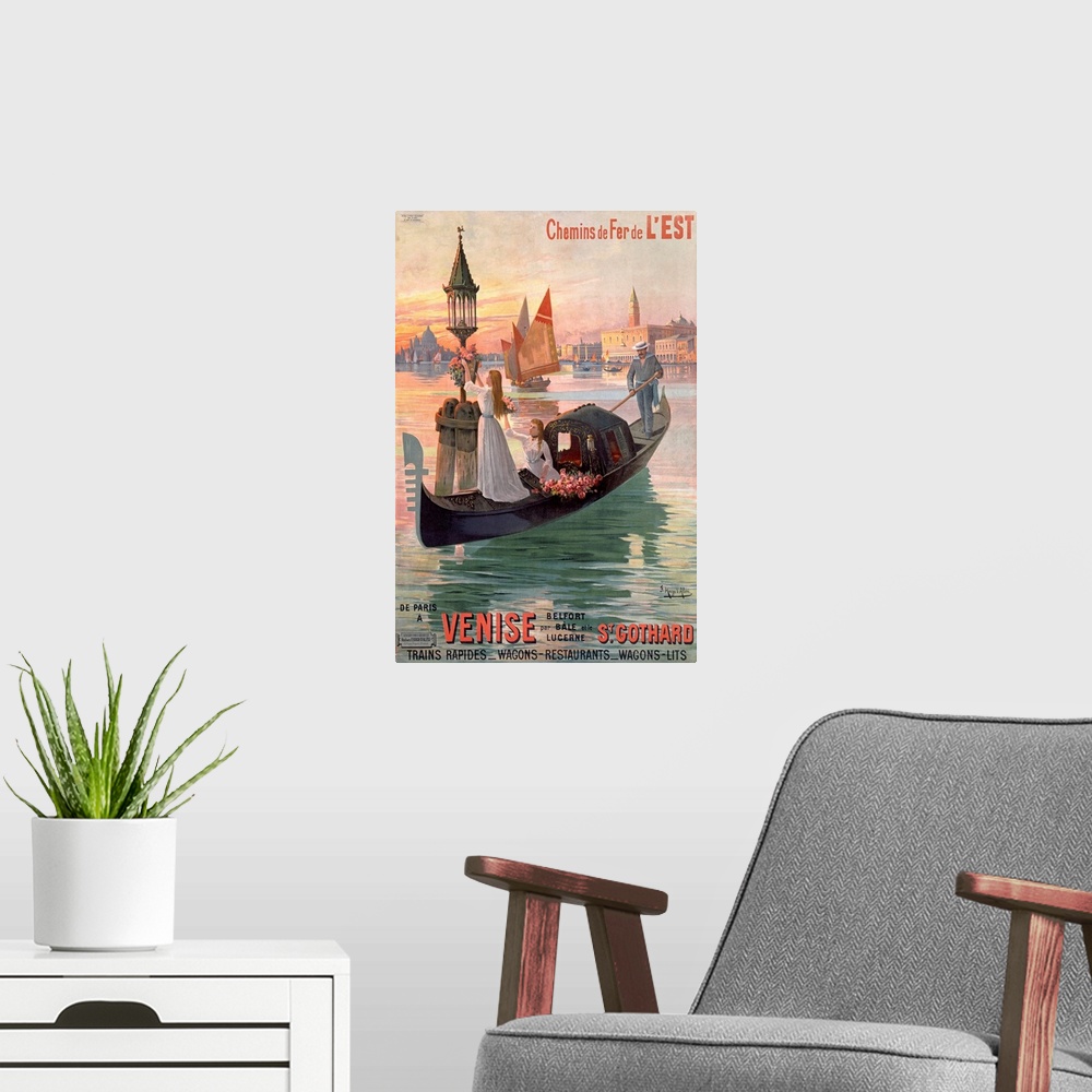 A modern room featuring Vintage painting of a gondola in Venice with young ladies standing on the boat decorating the lig...