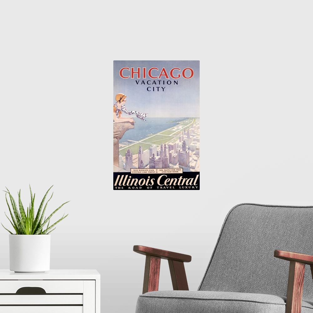 A modern room featuring Vintage travel advertising poster for the city of Chicago, featuring a woman with a flowing scarf...