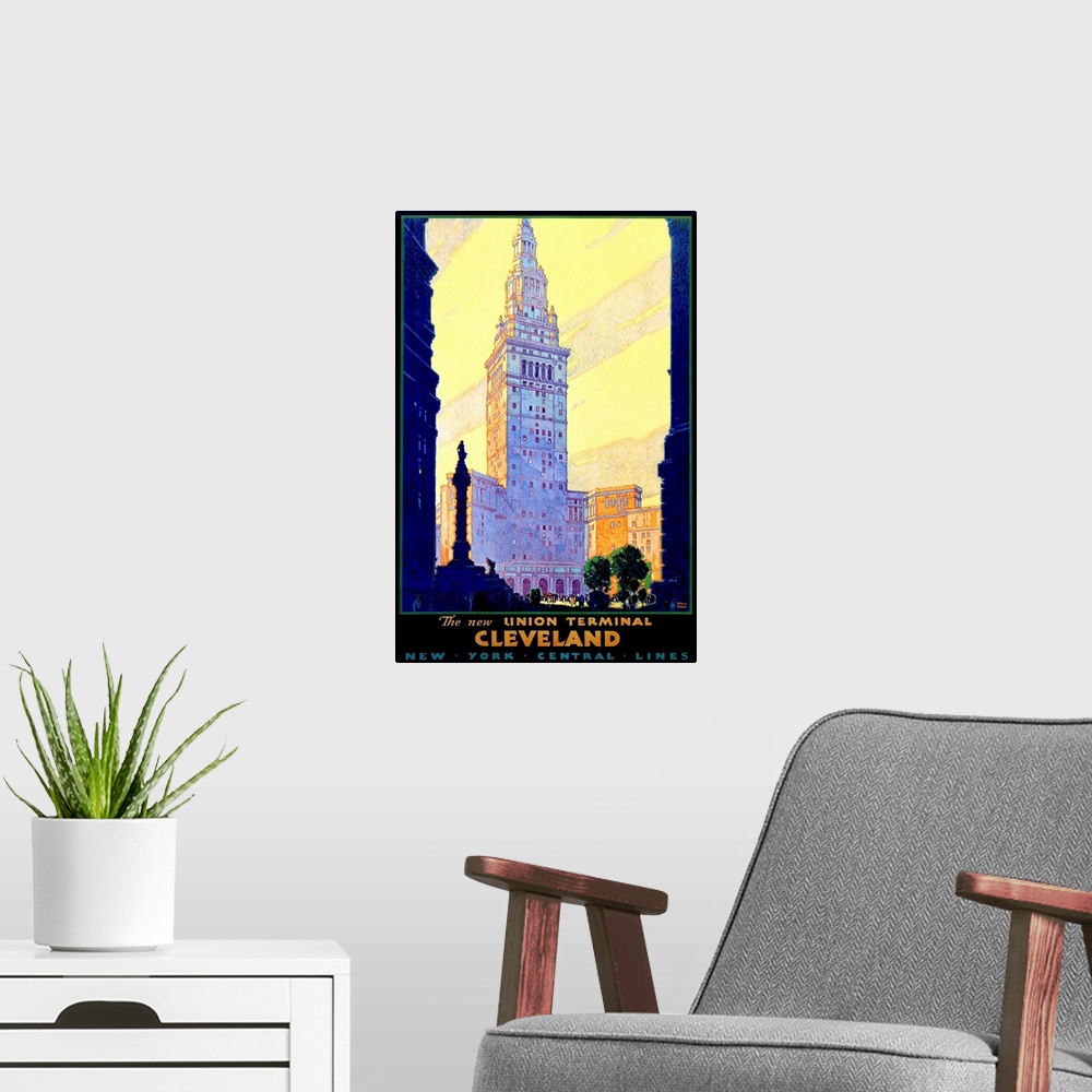 A modern room featuring Cleveland Union Train Terminal Vintage Advertising Poster