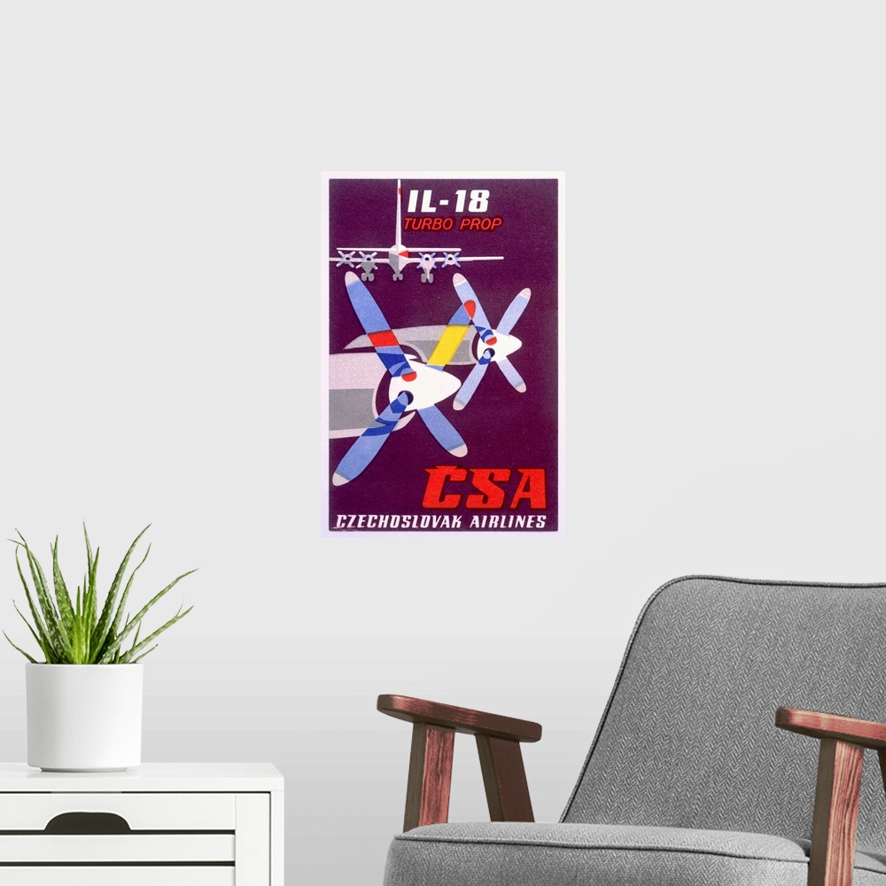 A modern room featuring CSA Czech Airlines, IL 18 Turbo Prop, Vintage Poster