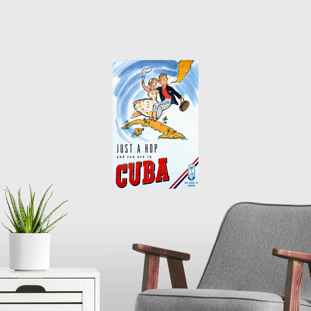 A modern room featuring Cuba, Just a Hop and you are in Cuba, Vintage Poster