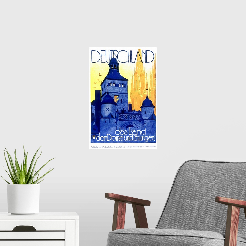 A modern room featuring Vintage poster of a large castle with text above and below it.