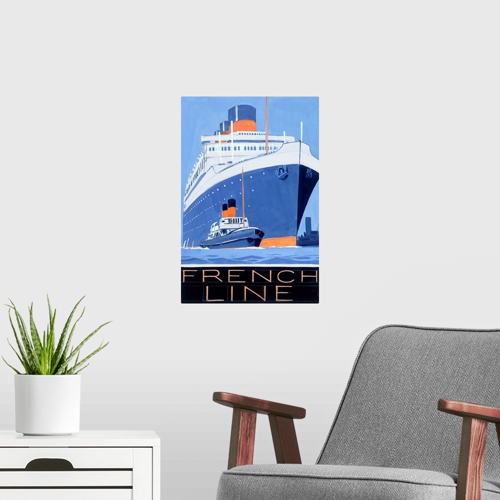 A modern room featuring French Line, Ile de France, Vintage Poster