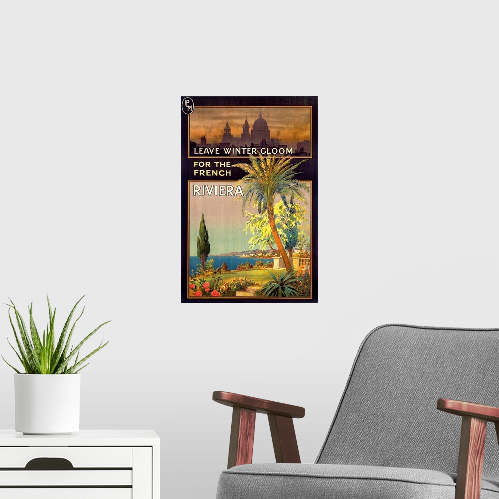 A modern room featuring This vertical travel poster contrasts a dreary and polluted city with the colorful clear air of t...