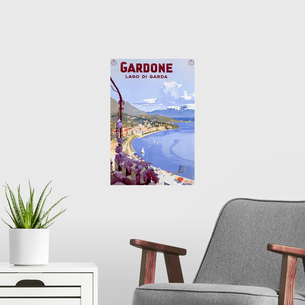 A modern room featuring Gardone, Lago Di Garda, Vintage Poster