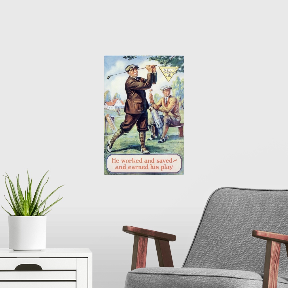 A modern room featuring Old inspirational print of two golfers on the greenway with the text "He worked and saved - and e...