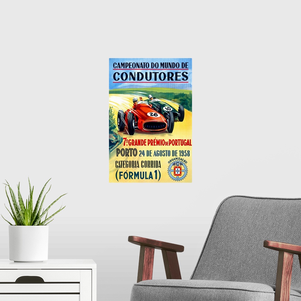 A modern room featuring Vintage Formula 1 promotional poster of two racecars rounding the curve on a dusty track.
