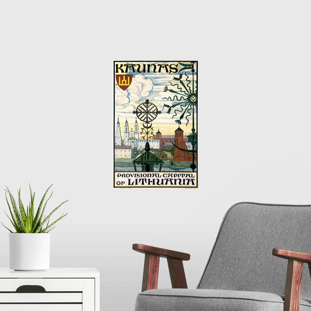 A modern room featuring Kaunas, Lithuania, Vintage Poster