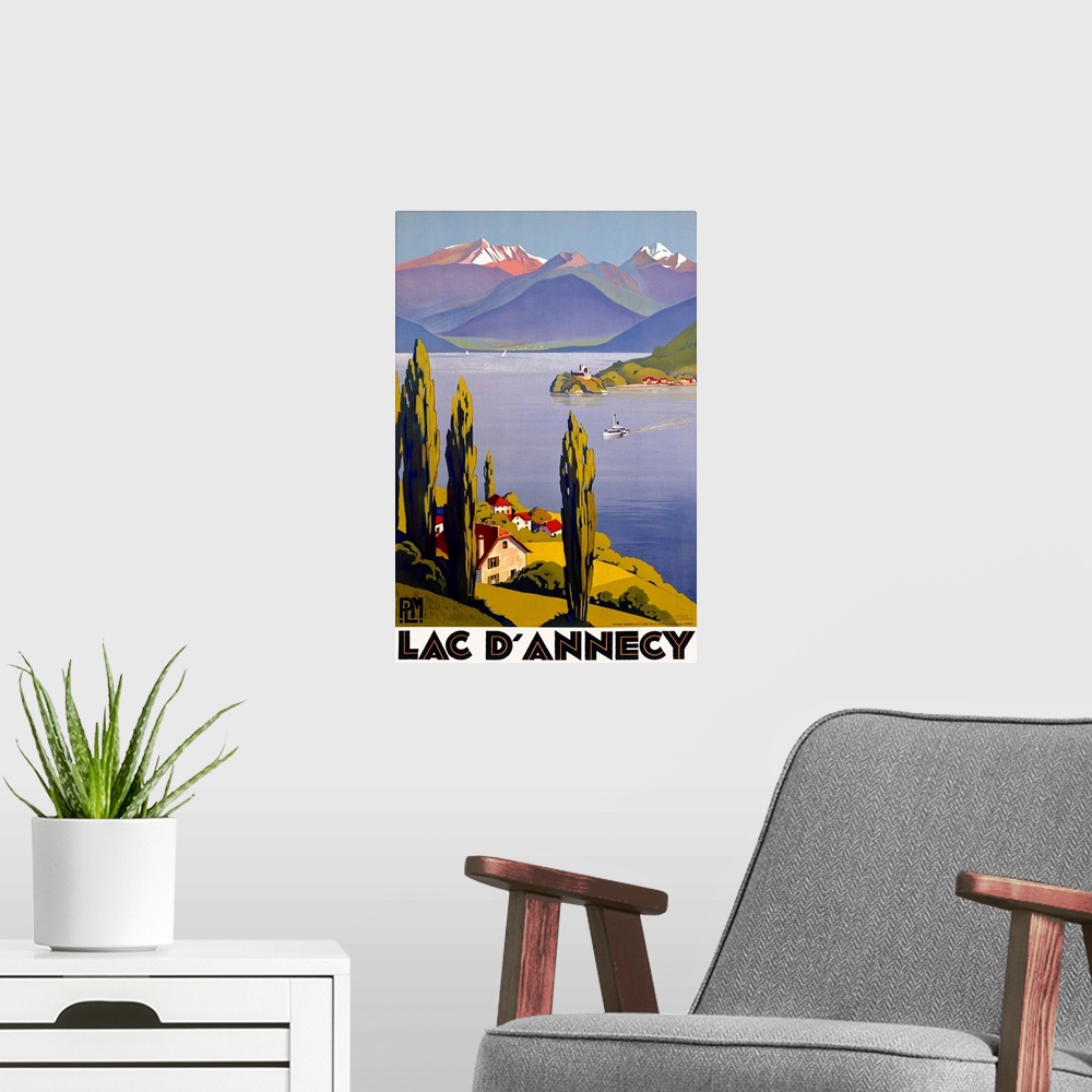 A modern room featuring A scenic lake lined with small villages and surrounded by tall European mountains in this Art Dec...