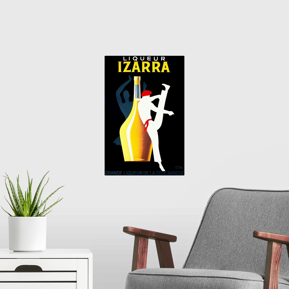 A modern room featuring Art Deco poster by Paul Colin advertising Liqueur Izarra.