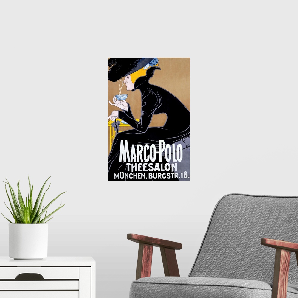 A modern room featuring Vintage poster of a woman in a black dress wearing an elaborate black as she sits and hunches ove...
