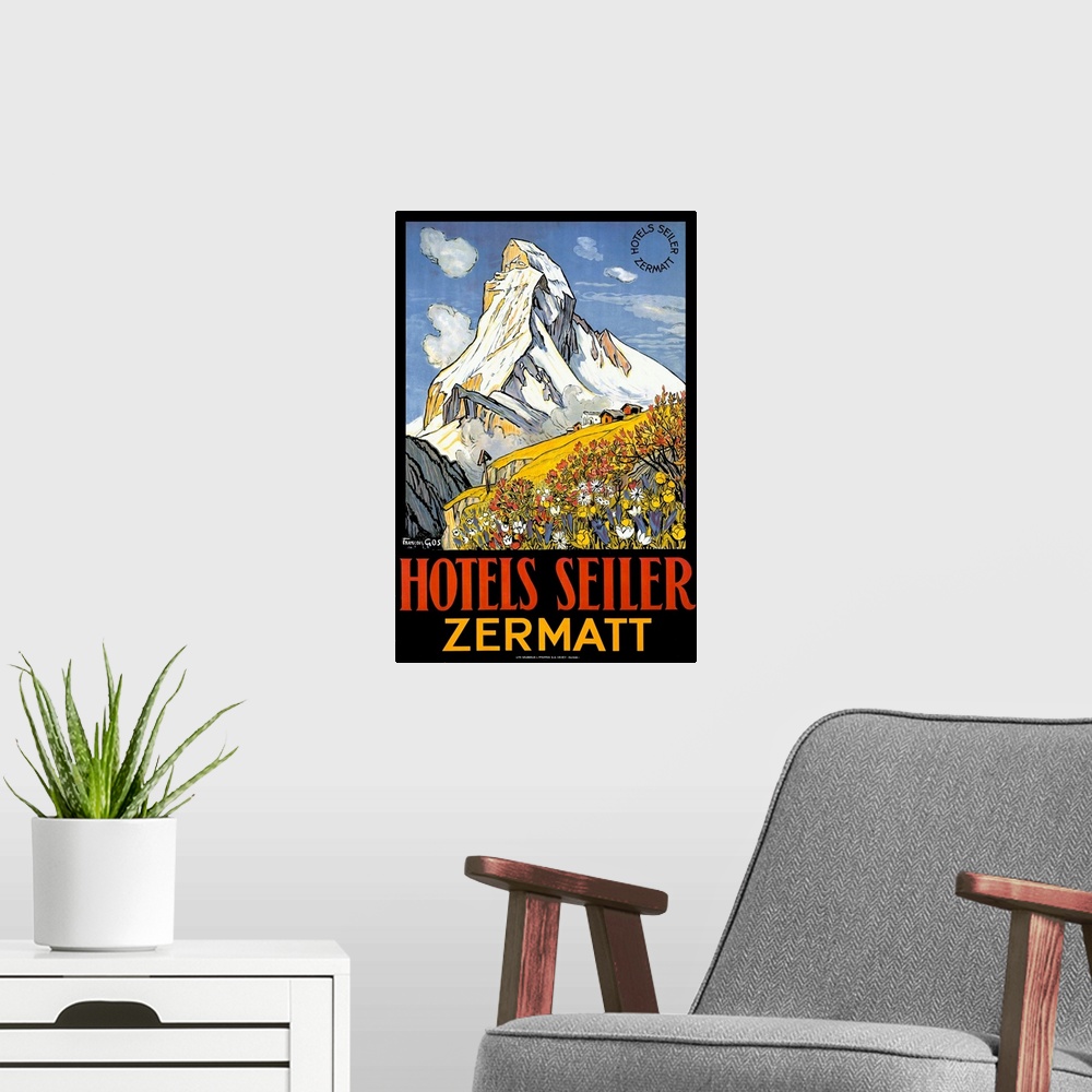 A modern room featuring Matterhorn, Hotel Seiler, Vintage Poster, by Gachons