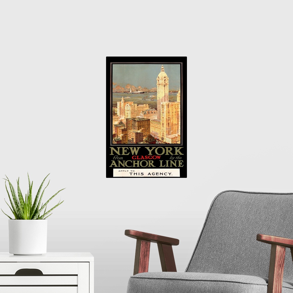 A modern room featuring New York, Anchor Line, Vintage Poster