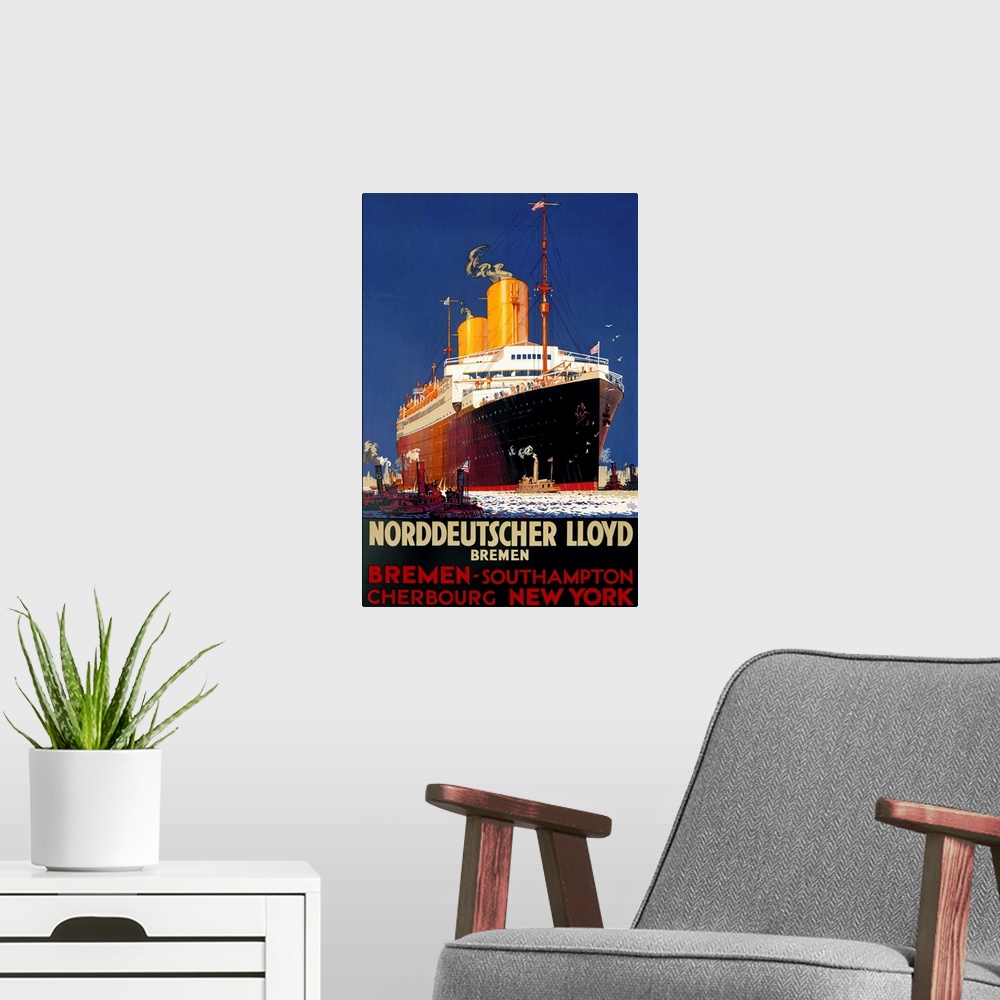 A modern room featuring Old advertising print of a huge ship in the ocean surrounded by several other smaller ships.